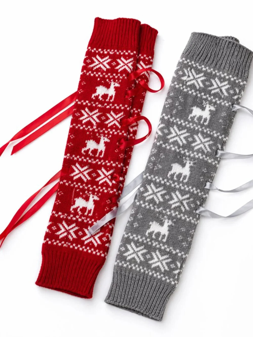 Red White Nordic Fair Isle Over the Knee Leg Warmers Reindeer NWT